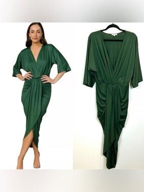 Baltic Born Mimi Midi Dress Size M Hunter Green Kimono Sleeves V-neck